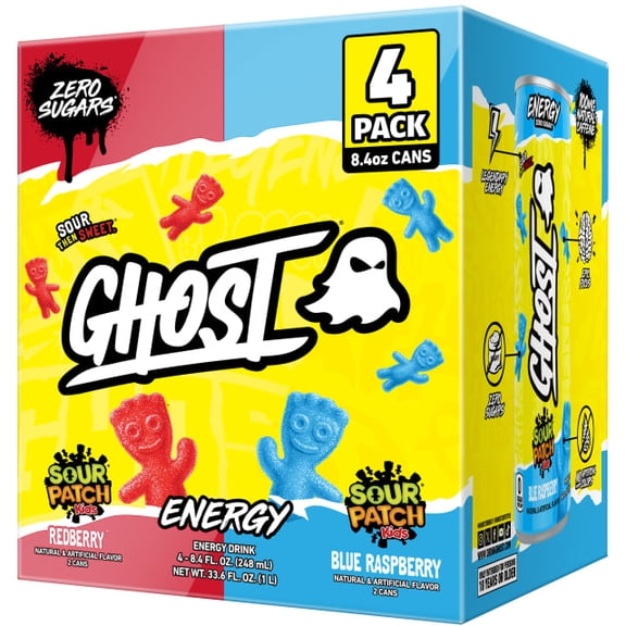 GHOST® ENERGY Zero Sugar Energy Drink, Sour Patch Kids Variety Pack, 100mg Natural Caffeine, 8.4 fl oz, 4 Pack Cans