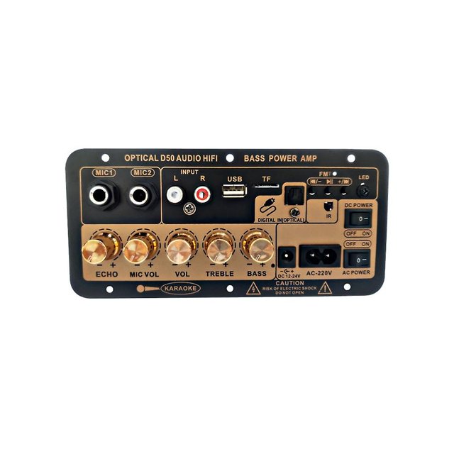 placa amplificadora estéreo digital bluetooth subwoofer micrófono dual karaoke amplificadores de coche altavoz e goldblack goldblack Vista frontal centrada de placa metálica dorada y negra con dos entradas de micrófono, controles giratorios dorados para echo, mic vol, vol, treble y bass, puerto USB y ranura TF para MP3, entradas RCA L/R AUX, botones AC/DC e indicador LED; adecuada para conectar teléfono o computadora por Bluetooth o AUX y usada frecuentemente como módulo compacto de karaoke.