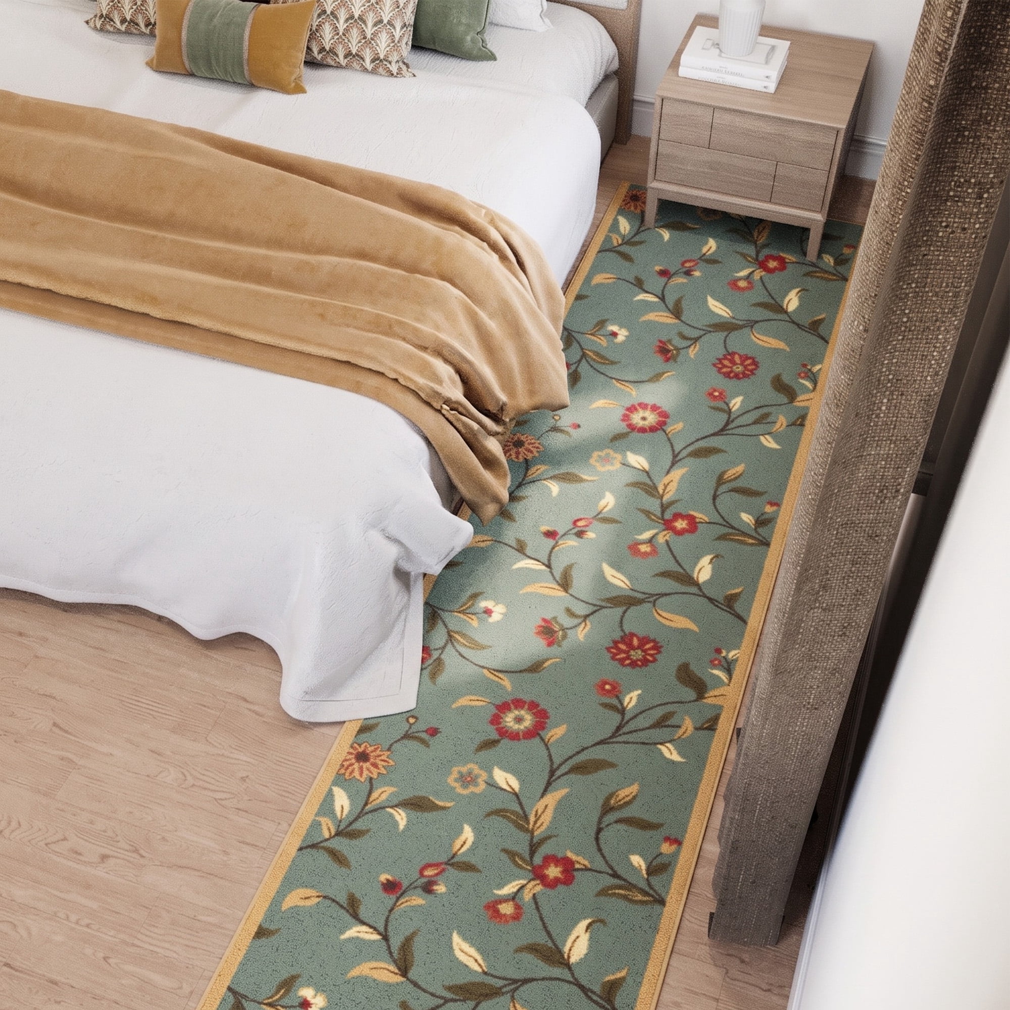 Ottomanson Extra Long Runner Rug 2'7" x 19' – Non-Slip Low Pile Hallway Carpet, Floral Seafoam Green
