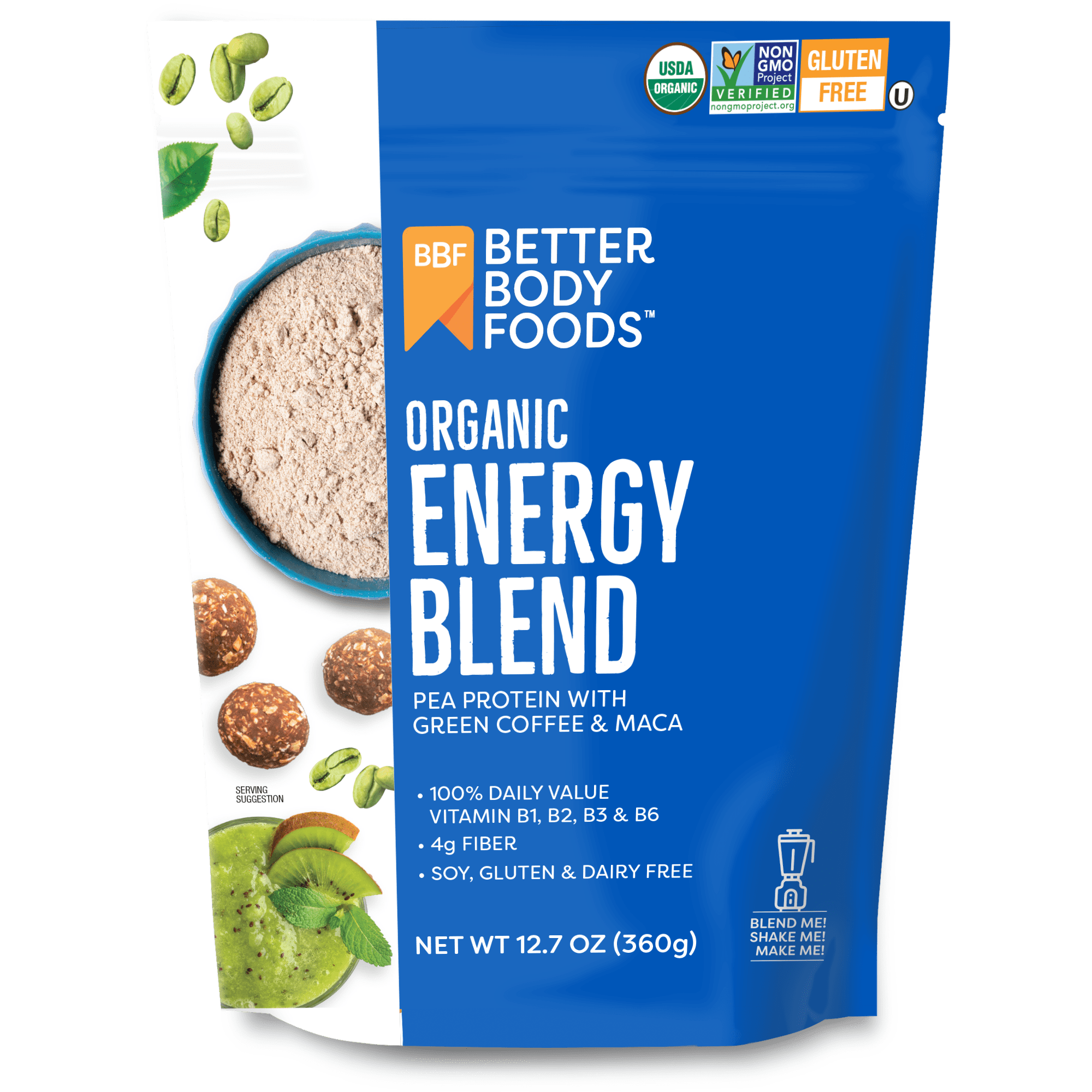 (6 pack) BetterBody Foods, Pea Protein Maca & Green Coffee, Organic Energy Blend Powder, 12.7 oz