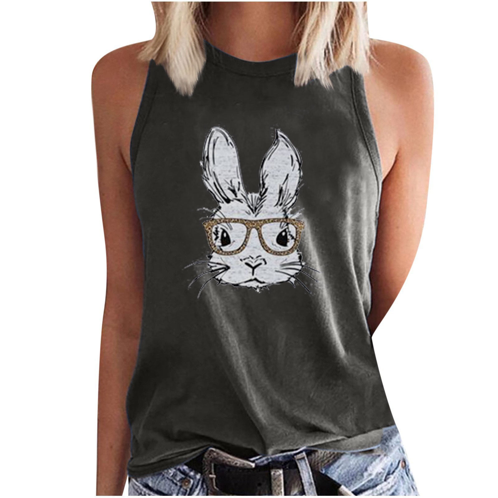Womens Summer Sleeveless Rabbit Print Casual Tank Tops Shirts 