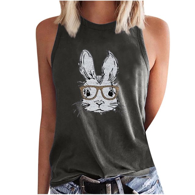 Camiseta sin mangas de verano de Pascua con cuello redondo suelto informal estampado para mujer Fridja qr2173