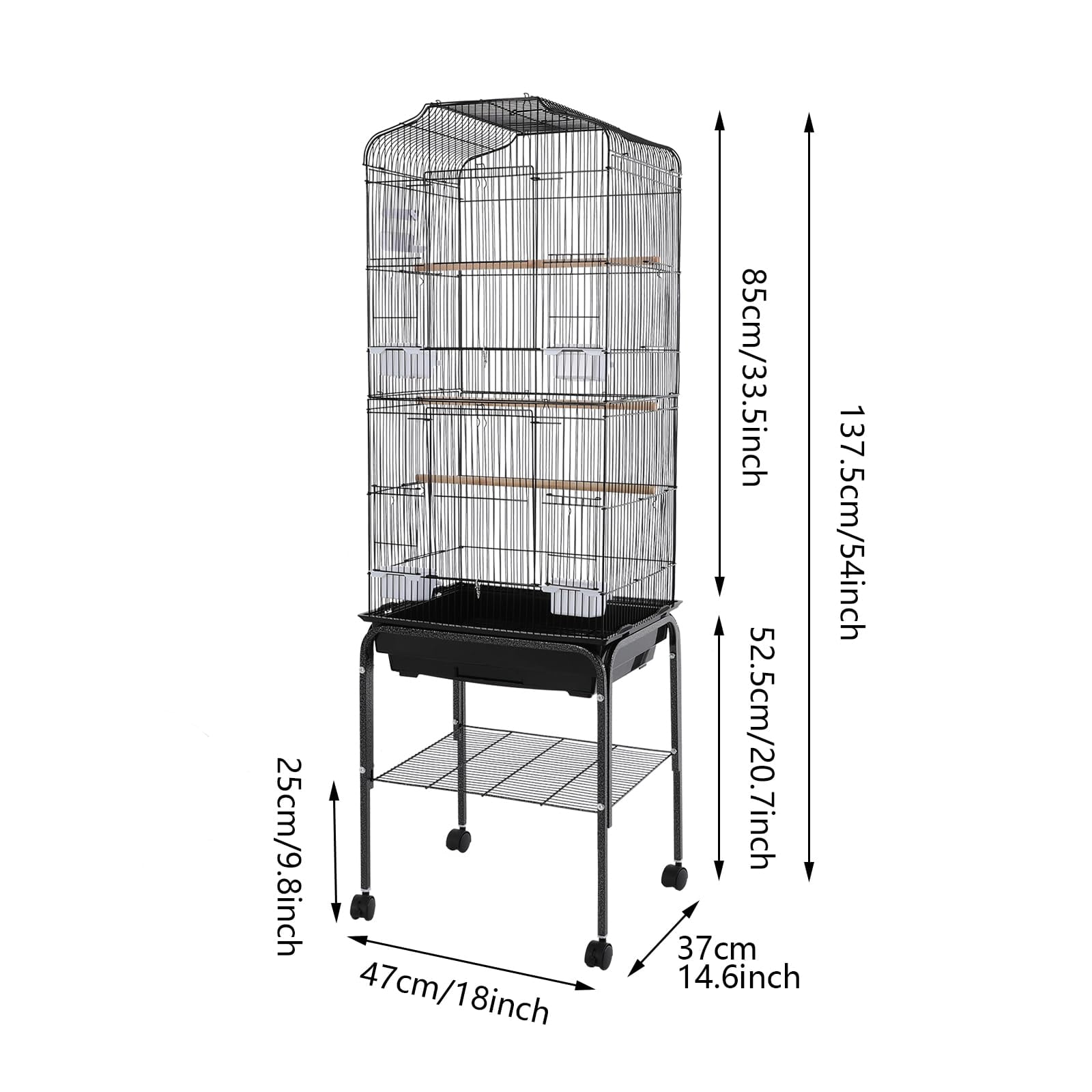 Extra Large Bird Cage, 54 Inch Wrought Iron Bird Cage Open Top Parakeet Cage w/Slide-Out Tray for Parrot, Cockatiel, Budgie, Parakeets, Lovebird, Small Medium Birds 18 * 14.6 * 54In(Black)