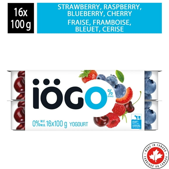 iÖGO Pots de yogourt sans matière grasse fraise/framboise/bleuet/cerise 0&nbsp;% 16x100g