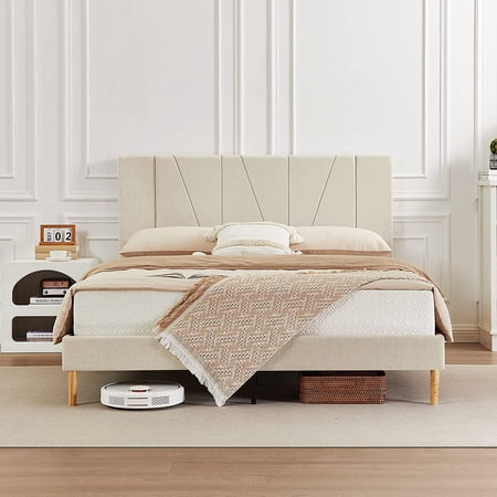 Flolinda Queen Size Bed Frame Upholstered Platform with Complete Headboard,Fabric Upholstered Platform Bed Frame  Beige