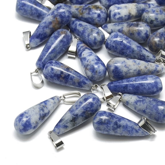5pc Natural Blue Spot Jasper Pendants with Stainless Steel Snap On Bails teardrop 28~30x10~12mm Hole: 6x4mm Stainless Steel Color