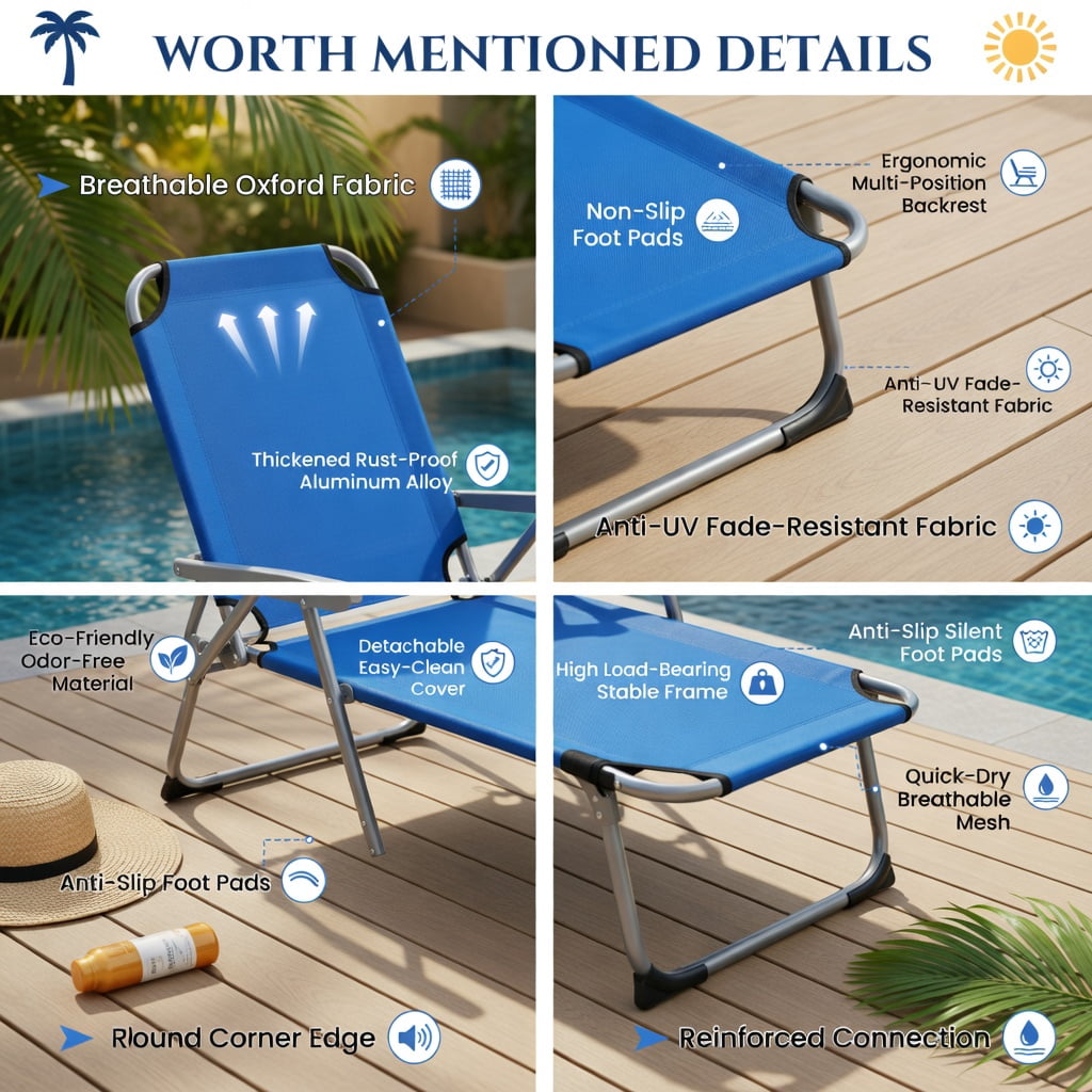 Hommoo Folding Chaise Lounge Chair with Face Hole, Adjustable Beach Lounger for Sunbathing, Camping, Fishing & Outdoor Napping, Blue