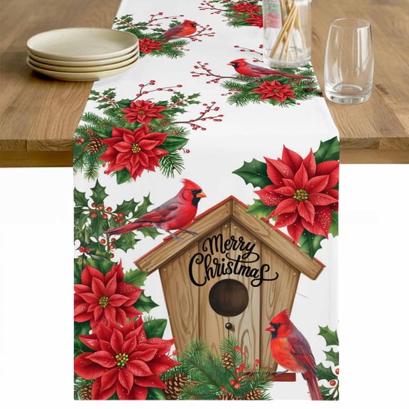 Christmas Table Runner 120 Inches Long Farmhouse Dress Scarves, Red Cardinal Poinsettia Hut Berry Pine Needles Dining Tablerunner for Coffee Table/Kitchen Island/Party Décor, 13" x 120"