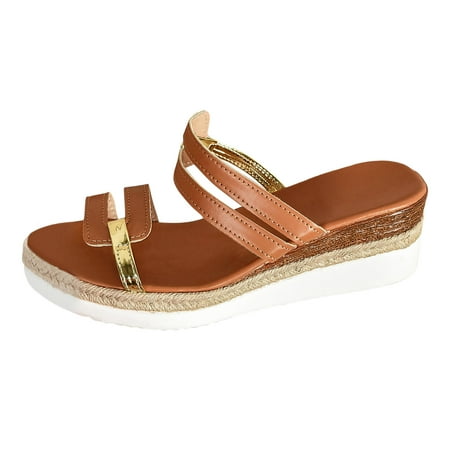 

Ladies Summer Casual Solid Bright Colour Printed Soft Leather Woven Bottom Thick Bottom Slope Heel Large Size Sandals Slippers