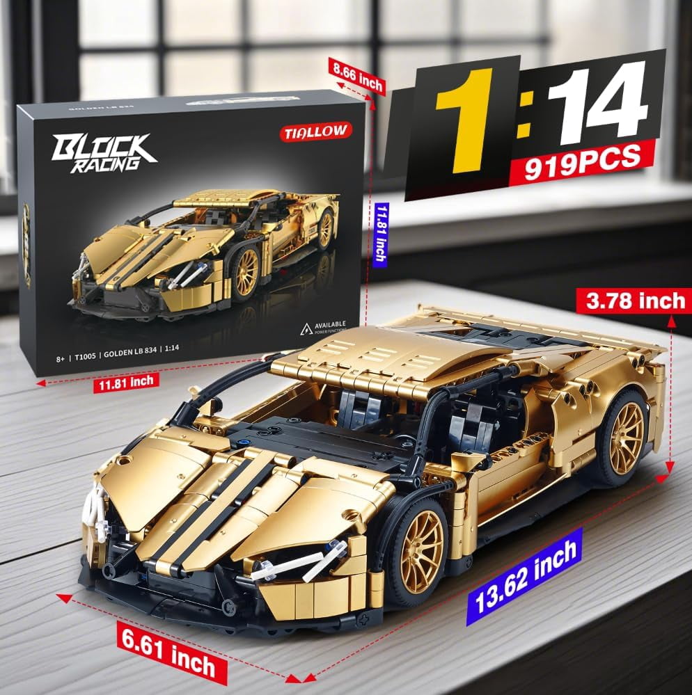 Sports Car Building Set for Adults - 1:14 MOC Toy Car Building Block, Racing Car Model Kit  (Gold)