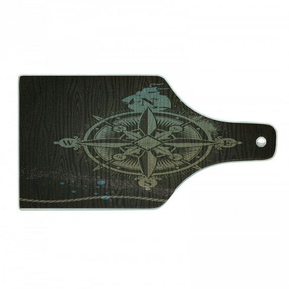 Compass Cutting Board, Boating Windrose with Ship Rope on a Wooden Background Marine Life Inspired Design, Tempered Glass Cutting and Serving Board, Wine Bottle Shape, Tan Brown, by Ambesonne