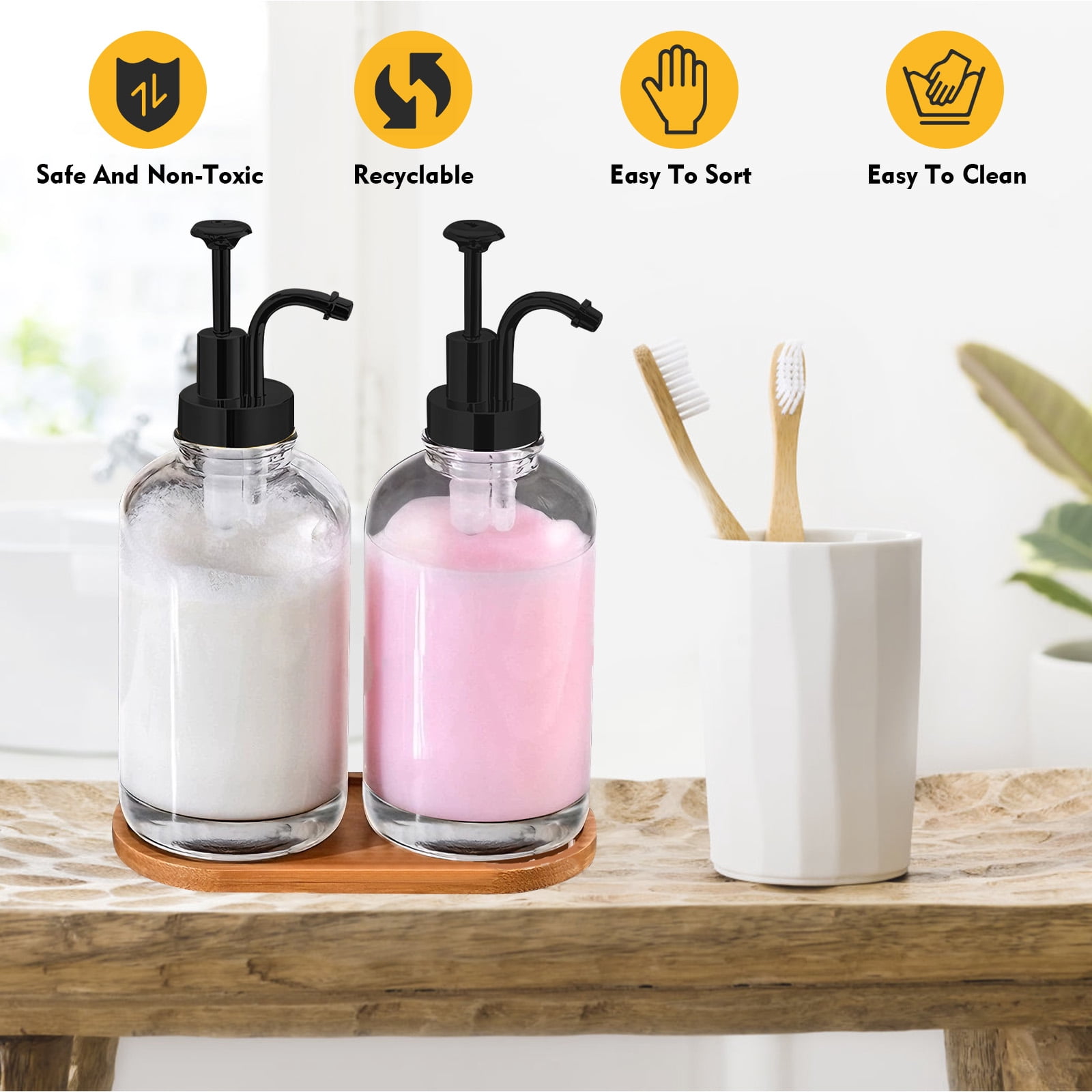 GIRACOA Glass Soap Dispenser with Black Pump, 2 Pack Clear Foam Pump Soap Dispenser with Bamboo Tray 500ml 18oz / Each Bottle