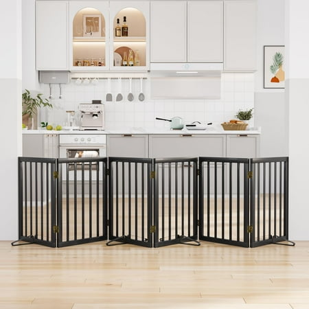 Smart FENDEE Bamboo Dog Gate Freestanding Pet Gate with 2 Support Feet for Doorways Black 24 H 6 Panel