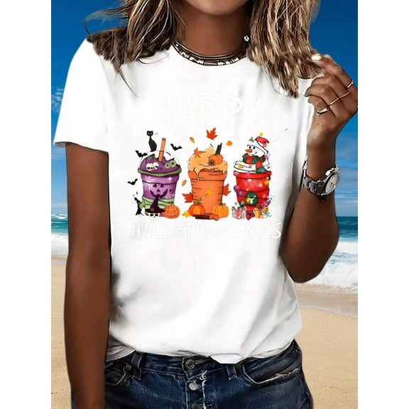Happy Hallowthansmas Halloween Thanksgiving Christmas T-Shirt Women Fall Seasonal Drink Cup Design Graphic Tee Autumn Holiday Celebration Shirt