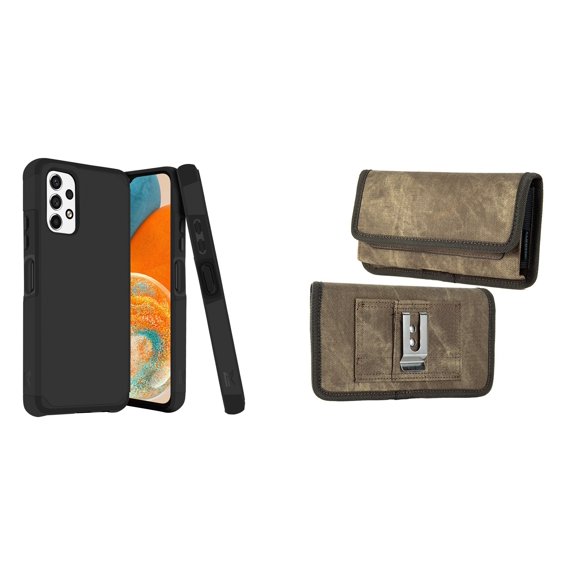 MK Armor Case for Samsung Galaxy A23 5G and Belt Holster Pouch (Black/Brown)