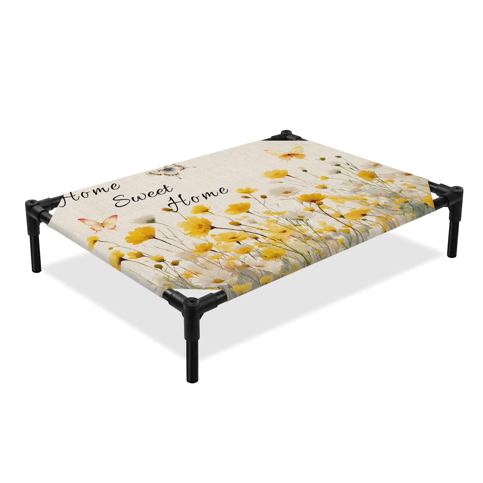 Spring Yellow Flower Elevated Dog Bed, Home Sweet Home Watercolor Floral Butterfly Linen Cooling Breathable Outdoor Raised Dog Cot Bed with Metal Frame Non-Slip Feet for Medium Dog 24x20in