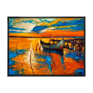 水彩画 ボート 夕焼け　40✖️40 Two Red Boats During Sunset In Lake 40 in x 30 in Framed Painting