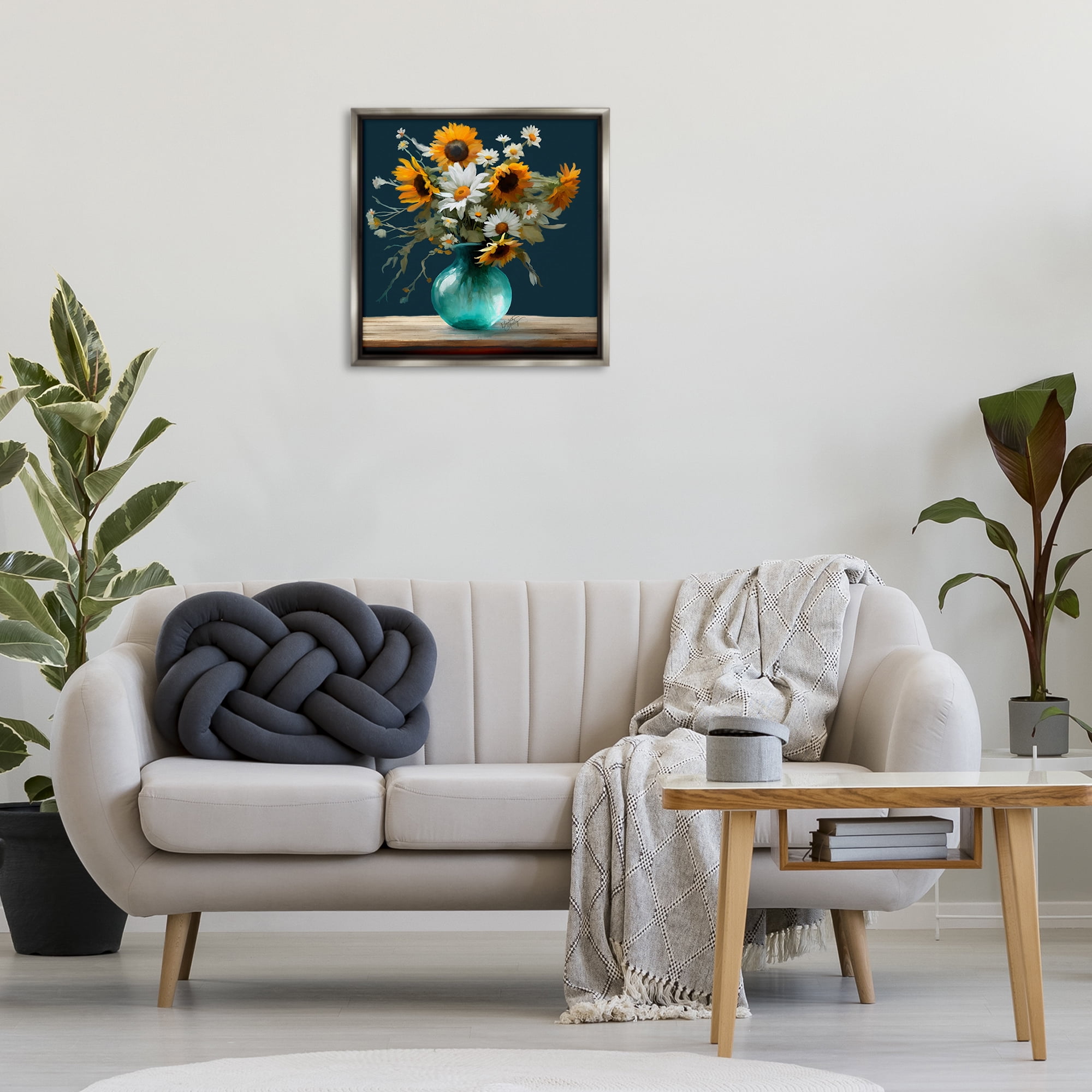 Stupell Industries Summer Sunflower Bouquet Botanical & Floral Painting Gray Floater Framed Art Print Wall Art, 25 x 25