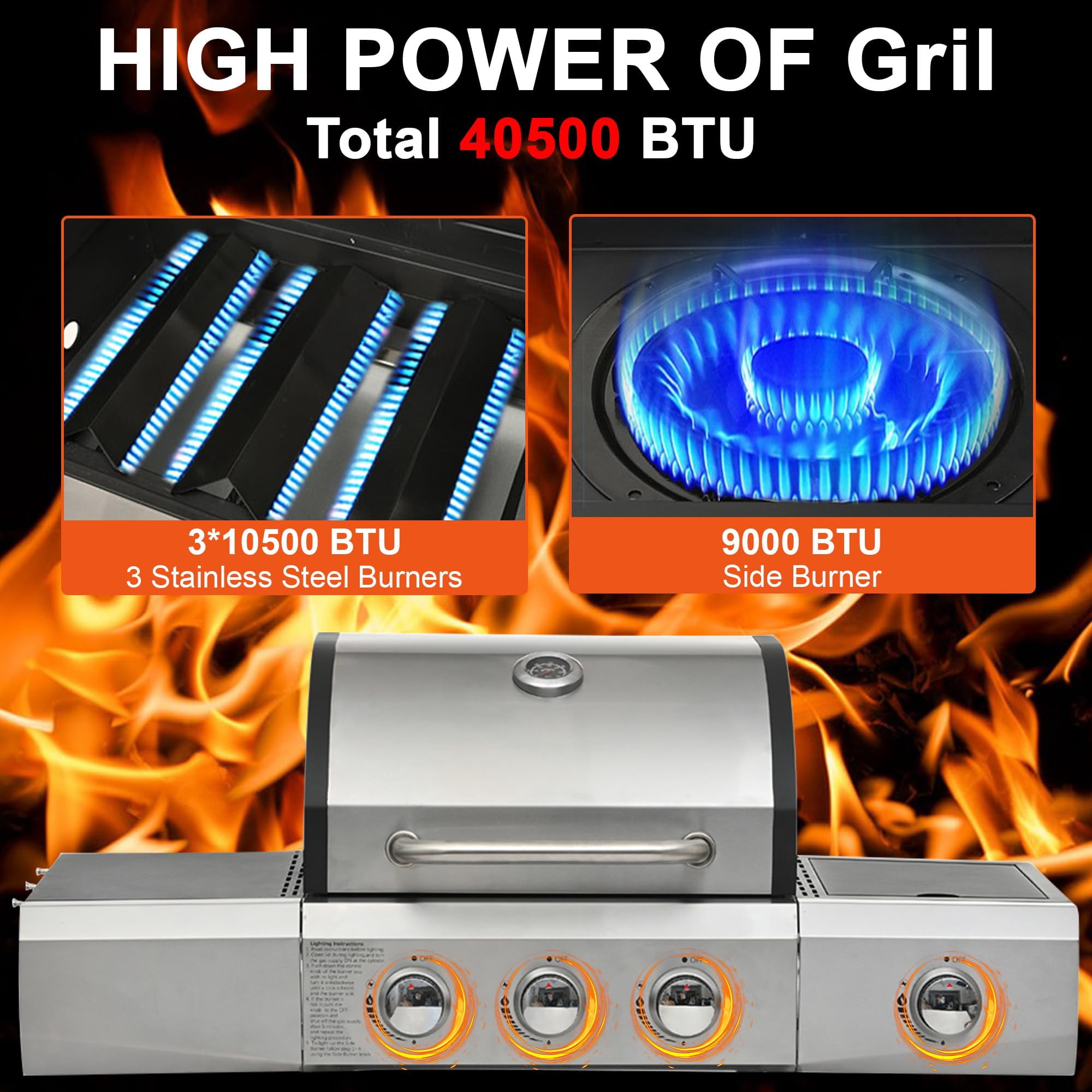 Seizeen 40,500 BTU Propane Gas Grill with Side Burner, Stainless Steel  3 Burner  Barbecue Grill Portable on Wheels, with Bottle Opener, for Camping Patio Outdoor Cooking