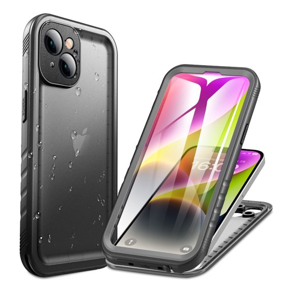 PlusAcc For iPhone 14 Waterproof Shockproof Dustproof Case with Built-in Clear Screen Protector Rugged Cover - Black