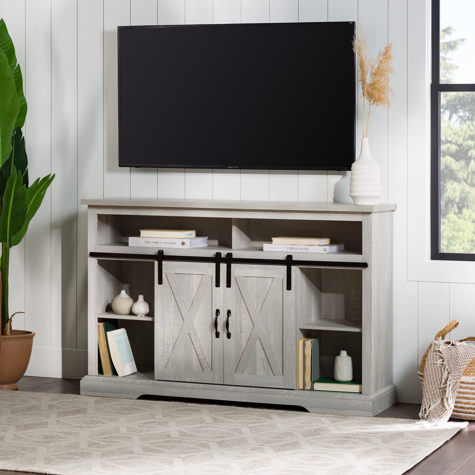 Woven Paths Farmhouse Barn Door TV Stand for TVs up to 60", Stone Grey