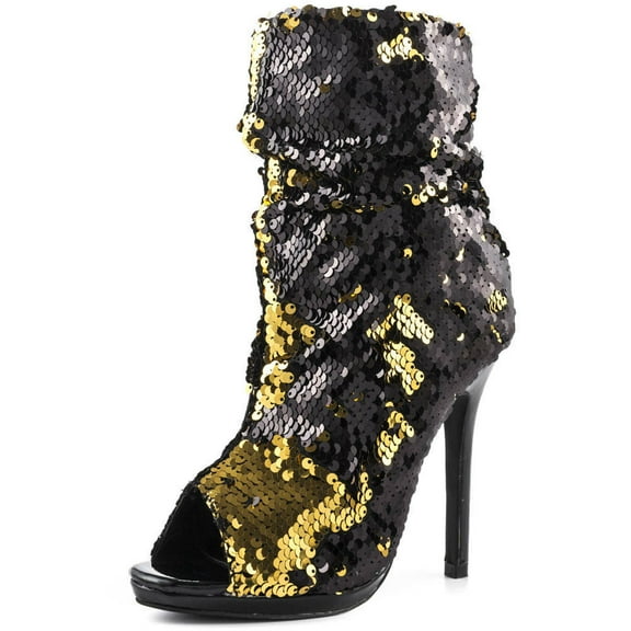 Lauren Lorraine Marlow Black / Gold Sequin Peep Toe High Heel Sexy Dress Booties (Black, 6)