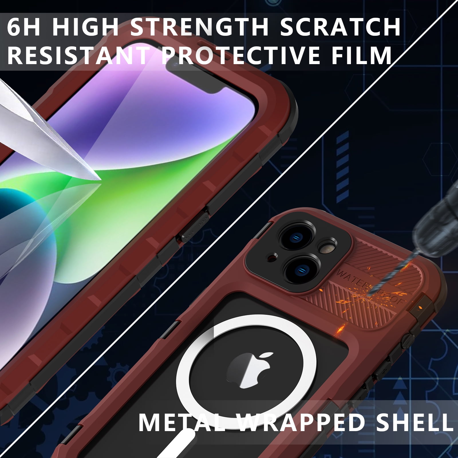 Compatible with Waterproof iPhone 15 case, Built-in Screen Protector, Full-Body Rugged Case Cover, Shockproof Dustproof Waterproof Case for iPhone 15 Magnetic Case with Magnets for MagSafe,Red