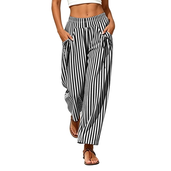 ZHYou No Boundarie Stripe Pants for Women Casual Straight Leg Pull On Loose Drawstring Pockets Comfy Lounge Pants,Black,Size L