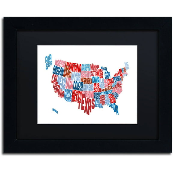 Trademark Fine Art 'United States Typography Text Map' Canvas Art by Michael Tompsett, Black Matte, Black Frame