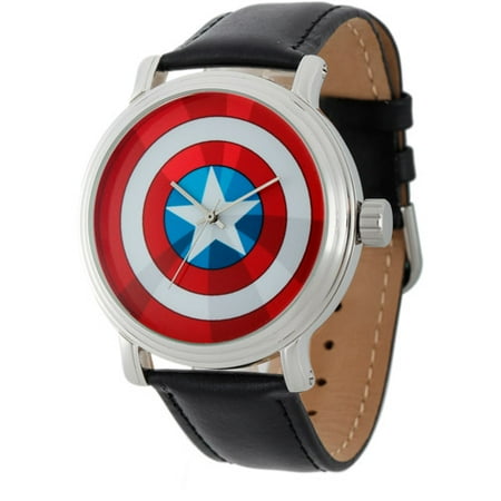 UPC 843231079205 product image for Captain America Men s Vintage Silver Shiny Alloy Case Watch  Black Leather Strap | upcitemdb.com