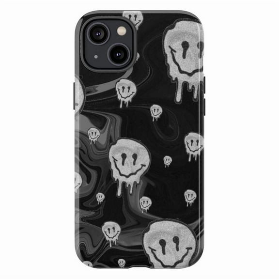Black and Silver Dripping Smiley Faces Phone Case, Dual Layer Protective Phone Cover, Edgy Grunge Gift for iPhone 16 15 14 13 12 11 Pro Plus Mini