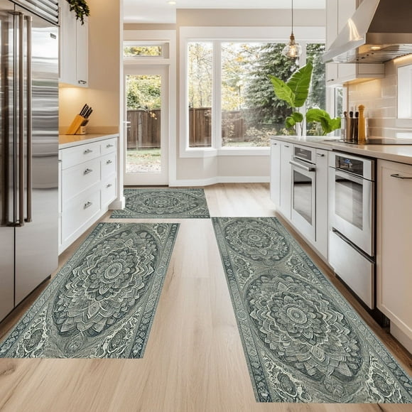 Grand Ensemble de 3 Tapis de Cuisine Antidérapants, Tapis en Microfibre Absorbants avec Texture Pelucheuse, Couvre-Sol Lavables pour la Décoration de la Maison, le Bureau et la Buanderie, Gris