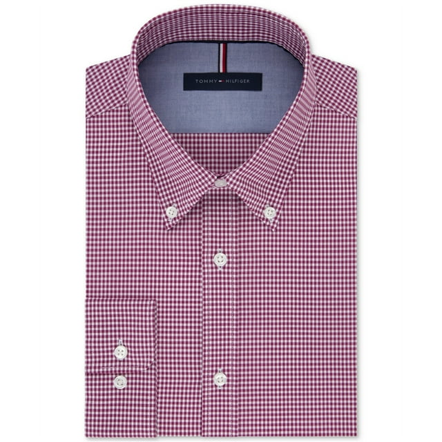 Tommy Hilfiger Mens Slim-Fit Button Up Dress Shirt, Purple, 17.5" Neck 34-35" Sleeve
