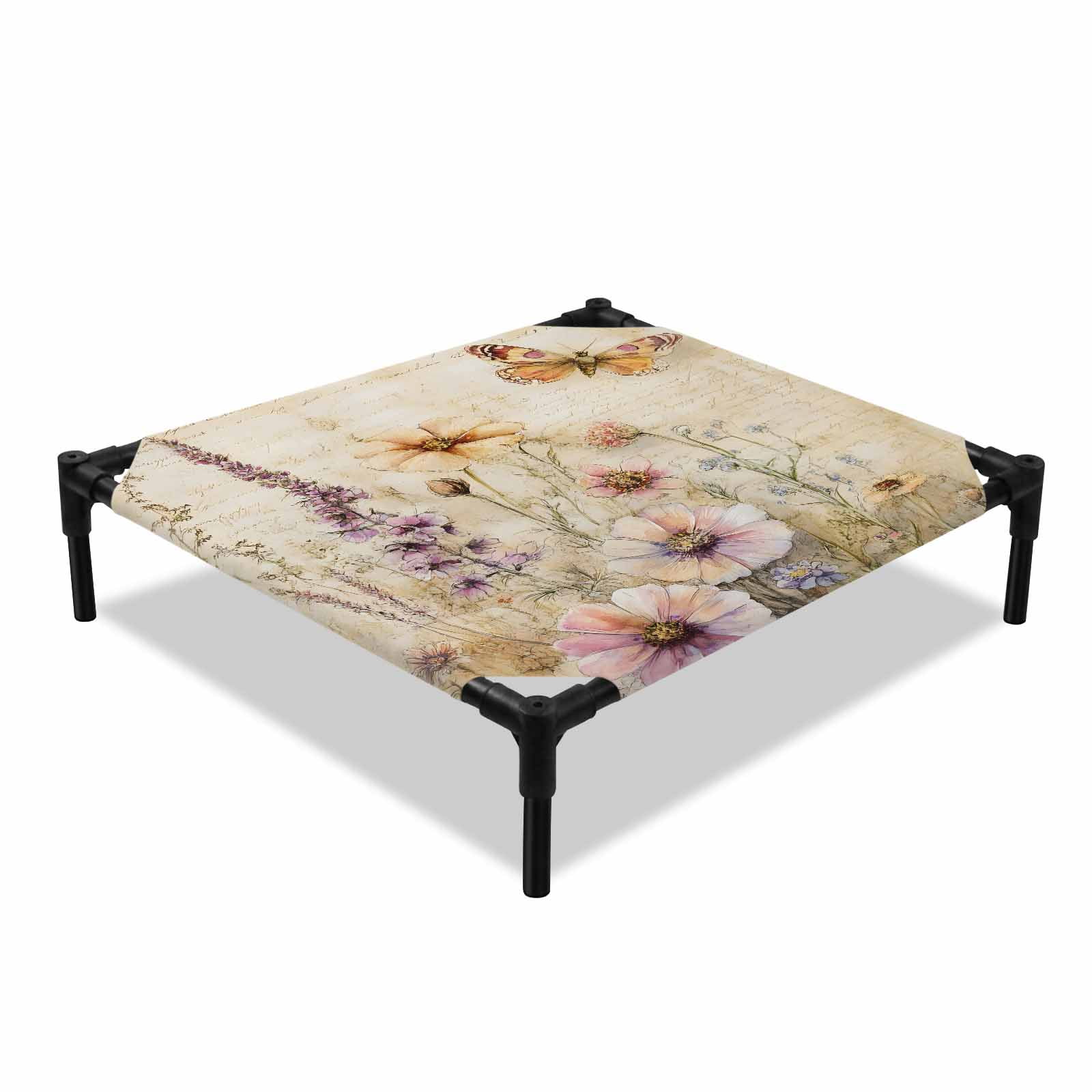 Spring Floral Elevated Dog Bed Vintage Watercolor Pink Purple Floral Butterfly Newspaper Texture Cooling Breathable Outdoor Raised Dog Cot Bed with Metal Frame Non-Slip Feet for Small Dog 20x20in