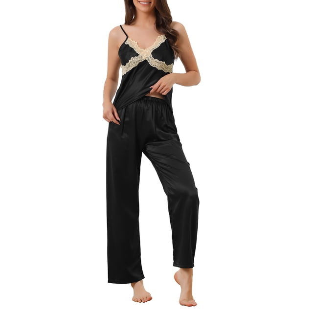 INSPIRAR CHIC Conjuntos de Pijamas de Dos Piezas para Mujeres, Camiseta con Pantalones, Ropa de Dormir de Encaje de Seda, Ropa de Casa M Negra