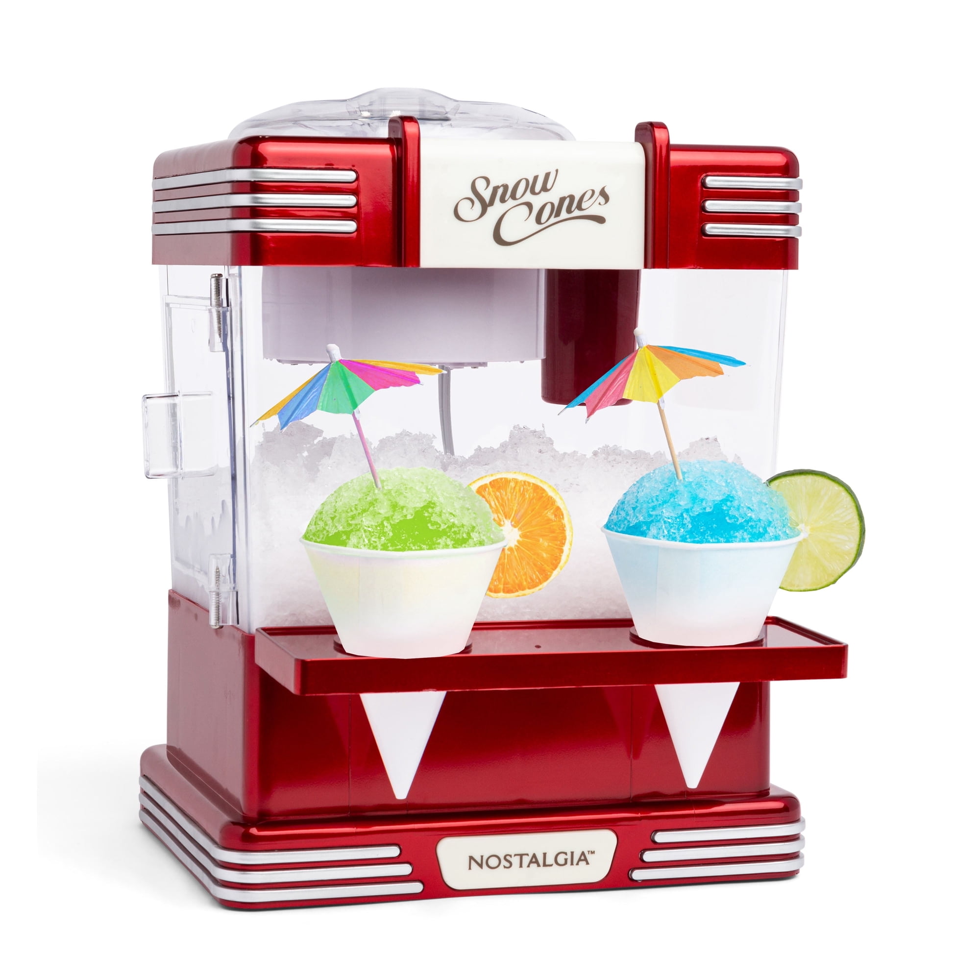 Nostalgia Snow Cone Maker, Tabletop Shaved Ice Machine with 2 Reusable Cones and Ice Scoop, Red