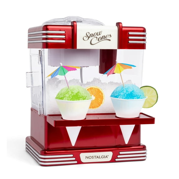 Nostalgia Snow Cone Maker, Tabletop Shaved Ice Machine with 2 Reusable Cones and Ice Scoop, Red