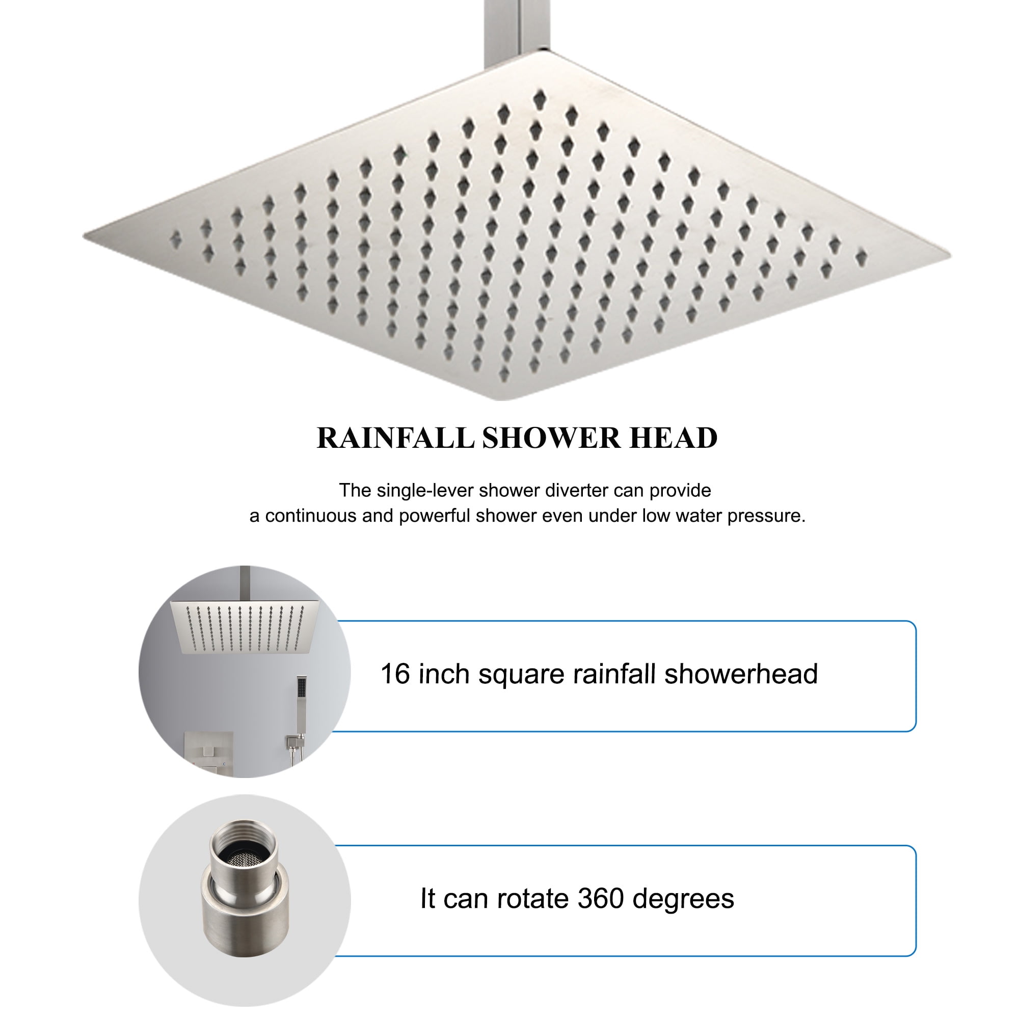 16 Inch Bathroom Rain Shower System Set ceiling mounted, Rainfall Shower Head with Handheld