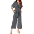 thumbnail image 4 of Summer V-neck Womens Wide Leg Jumpsuits Short Sleeve Tie Knot Front Long Romper, 4 of 6