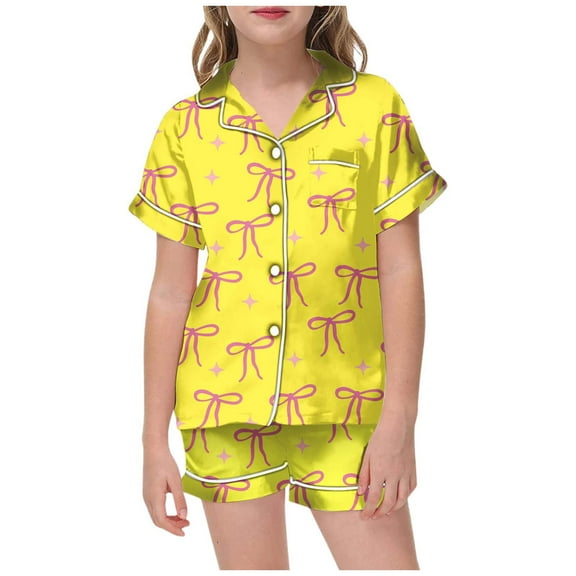 FYDUU Girls Christmas Pajamas 2 Piece Set Bow Print Short Sleeve Top And Shorts Casual Pajamas Toddler Kids Sleepwear Nightwear Loungewear Girls Stylish Outfits