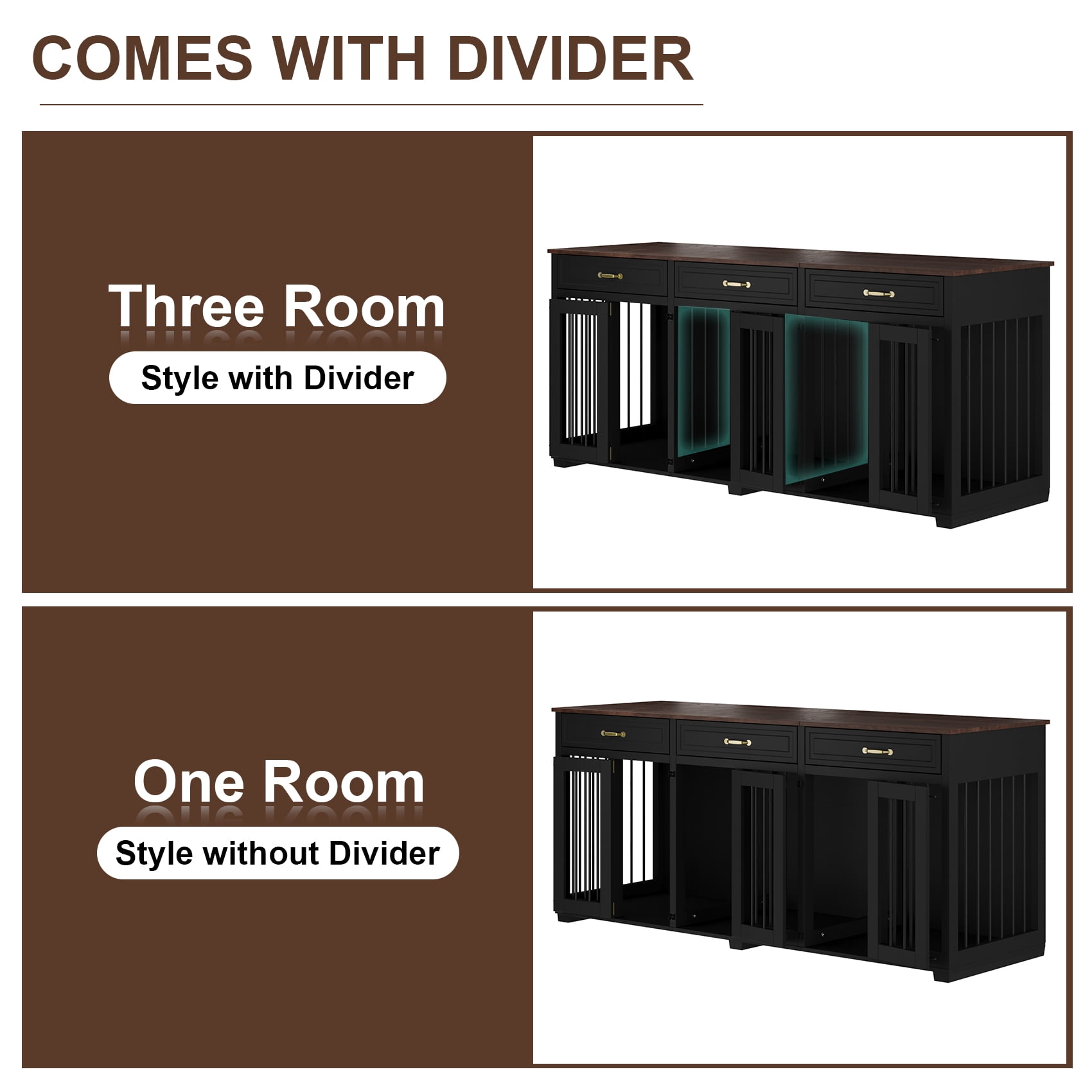 Jenser Multi-Functional 3-Door 72" Wooden Furniture Style Crate for Dogs with 2 Dividers