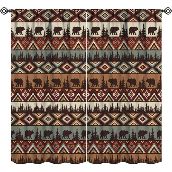 Bear Curtains Rustic Style Wildlife Bear Forest Tree Silhouettes Red Brown Vintage Farmhouse Art Print for Bedroom Living Room Bathroom Decor Rod Pocket Blackout Window Drape 42x63in