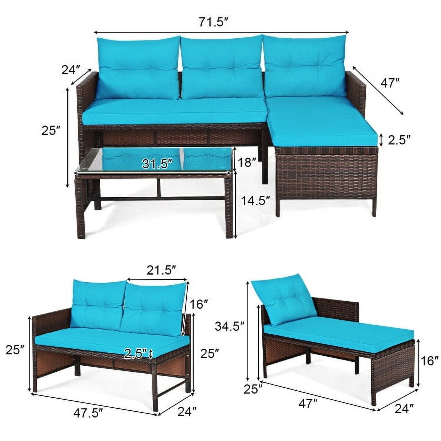 Aimee Lii 3 Pieces Patio Wicker Rattan Sofa Set, Wicker Patio Couch, Outdoor Balcony Furniture, Turquoise Aimee Lii 3 Pieces Patio Wicker Rattan Sofa Set, Wicker Patio Couch, Outdoor Balcony Furniture, Turquoise