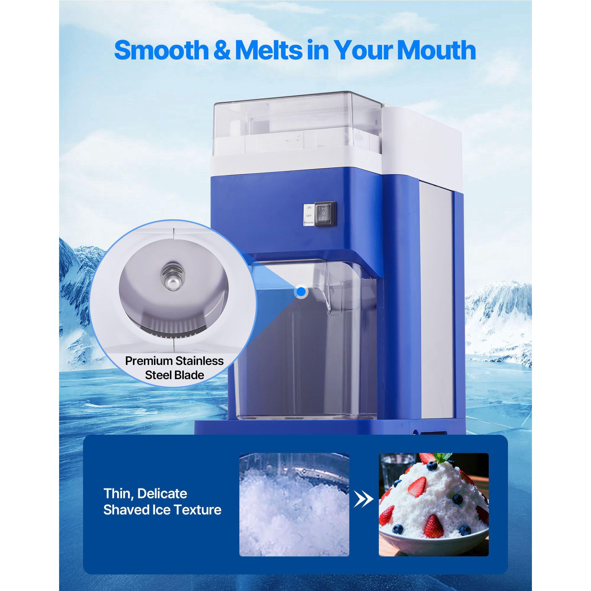 Commercial Ice Shaver Machine 1.91QT 1.8L Large Electric Snow Cone Maker 300W Motor Stainless Steel Blades Fine Fluffy Shaved Ice for Home Party Restaurant Dessert Shop Blue