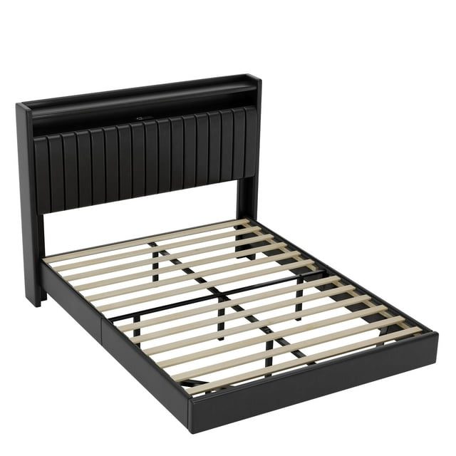 Garvee Floating Queen Size Bed Frame with RGB LED Lights & Charging Station, 50” Leather Headboard, Upholstered Platform Bed, No Box Spring, Black