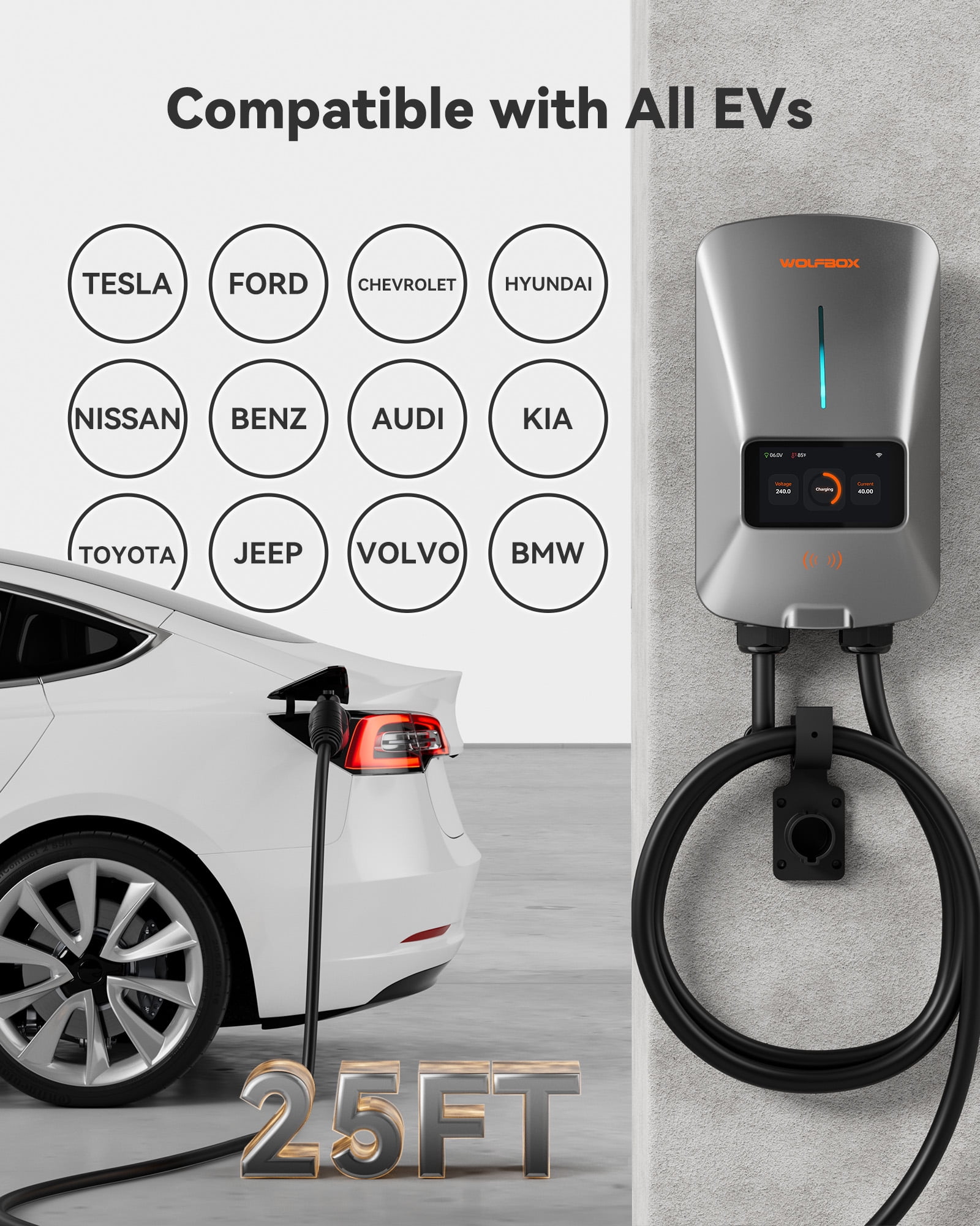 WolfBox EV Charger, Level 2 EV Vehicle Charging Station, 240V 40 Amp with NEMA 14-50 Plug, Wifi Enabled Electric Car Charger, Smart Display, RFID Card, Grey