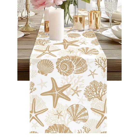 Table Runner Coastal Starfish Shell Conch Table Runners Khaki Marine Life Cotton Linen Dresser Scarf Kitchen Dining Table Decor for Holiday Party Home Decor 13x72 Inch