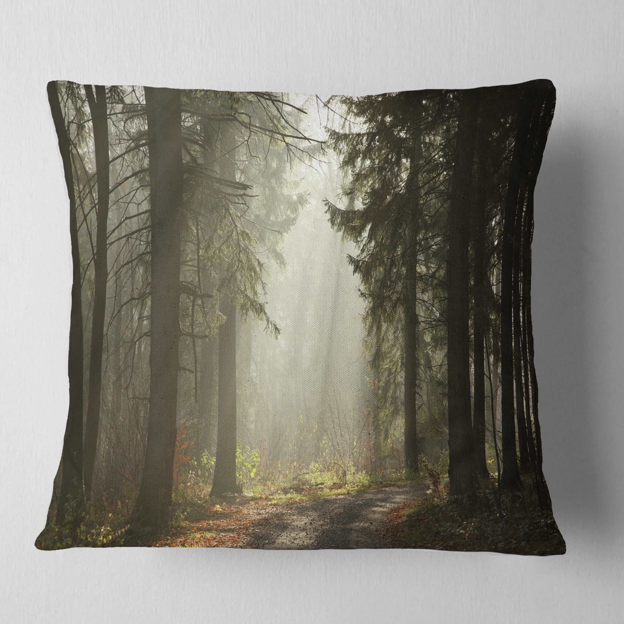 Designart Dark Green Forest with Sun Rays - Landscape Photography Throw Pillow - 18x18