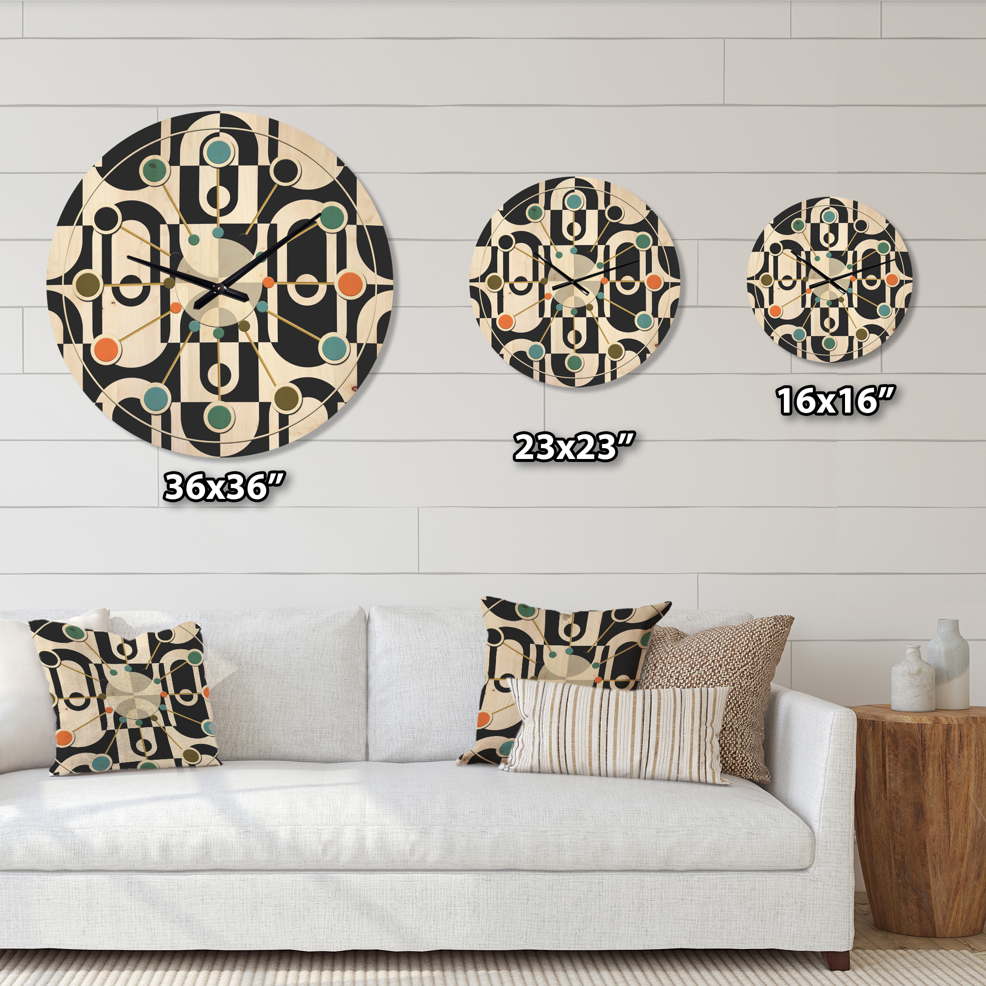 Designart 'Black and White Geometric Pattern VIII' Mid-Century Modern Wood Wall Clock