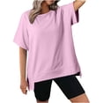 thumbnail image 1 of T-Shirts à Col Rond Amples pour Femmes, Chandails Décontractés pour le Ventre, Tenue Tendance, Vêtements; T-Shirts Surdimensionnés pour Femmes, Col Rond, Manches Courtes, Hauts d'Été Décontractés, Légers, Amples, Blouse Asymétrique, 1 of 8